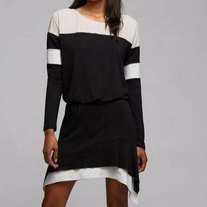 Bailey 44 Harper Blouson Dress Size Large L Women Black Beige Asymmetrical